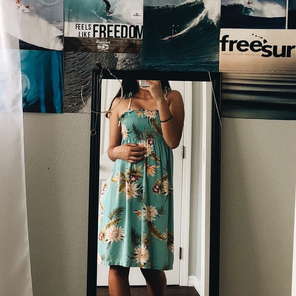 Teal Floral Hawaiian Print “Aloha” Dress
